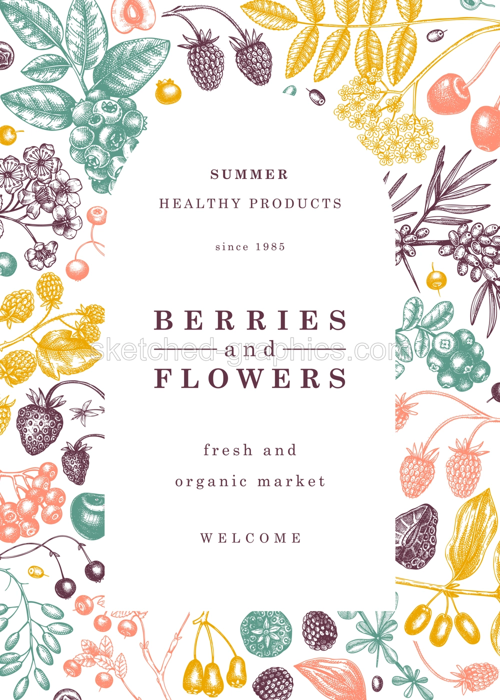 Wild berries card or invitation in engraved style. Hand drawn fruits and flowers vector frame design. Vintage plants sketch. Summer berries - strawberry, raspberry, bilberry, blackberry, cherry. Illustration